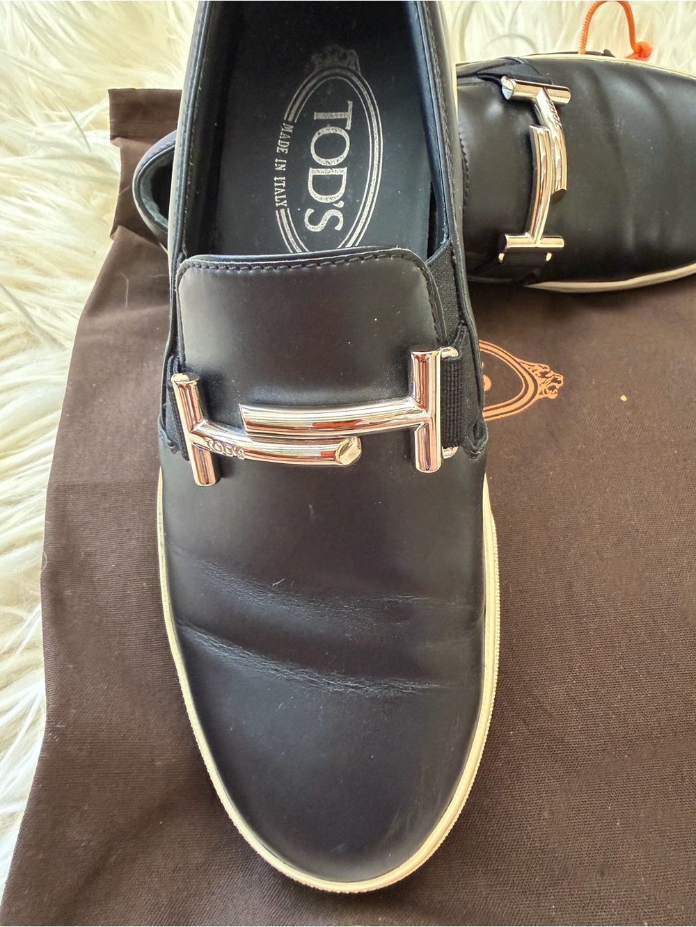 TOD'S Womens’s Leather Slip-On Loafers with Silver Tone Hardware